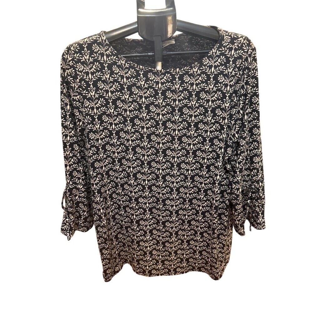 J. Jill Black Cream Floral Boat Neck 3/4 Sleeve Large